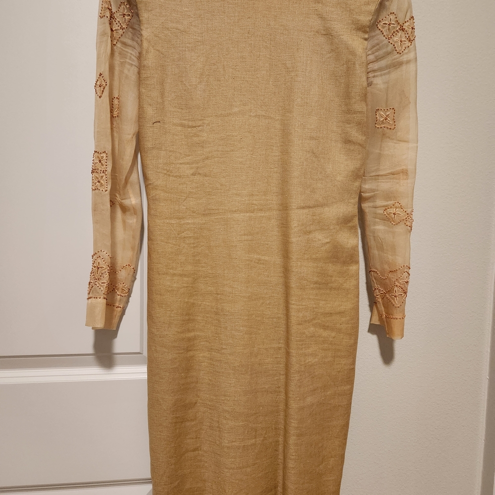 Chic Tan Long Sleeve Dress with Embroidered Details